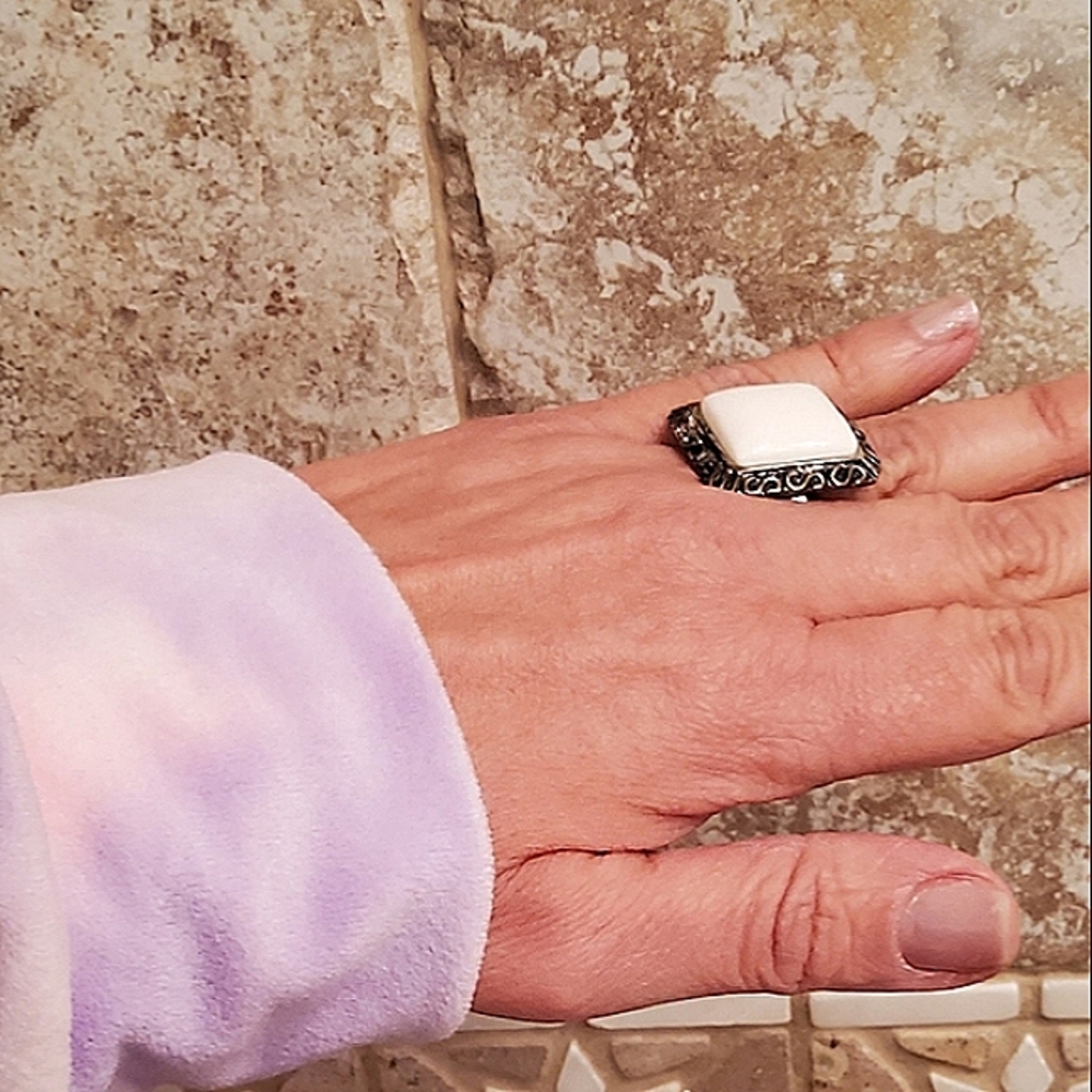 Statement Ring Silver And White Square Genuine Vi… - image 7